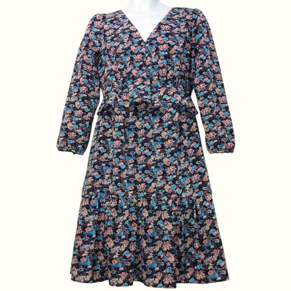J.Crew Women's Layered Ruffle Multicolour Floral Long Sleeve V-Neck Dress Size 6